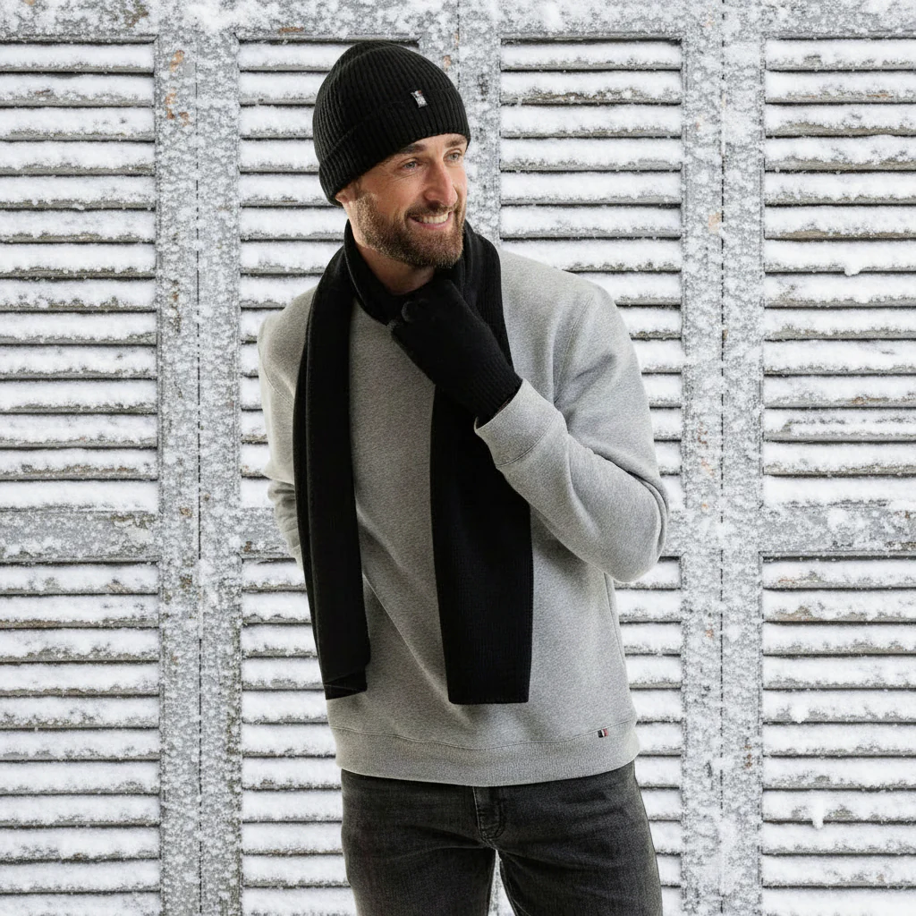 Écharpe Homme Laine Mérinos | Noir Gris Made in France - Image 5