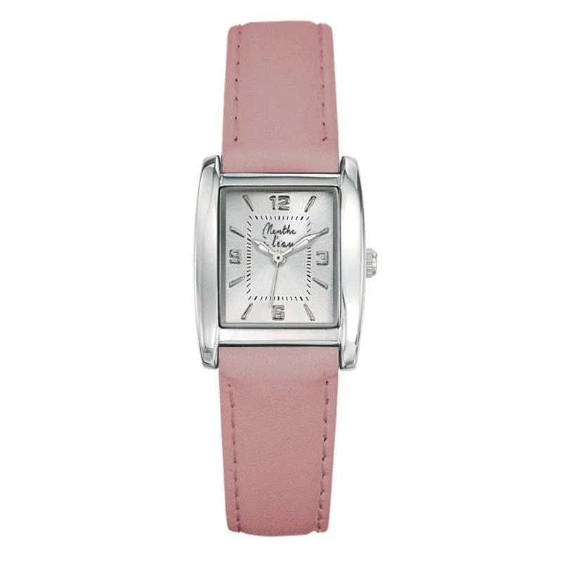 Montre La Rectangle bracelet cuir Rose Pastel fond argent