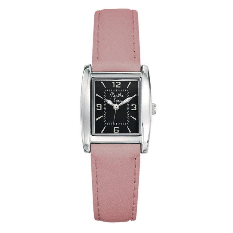 Montre La Rectangle cuir rose pastel fond noir