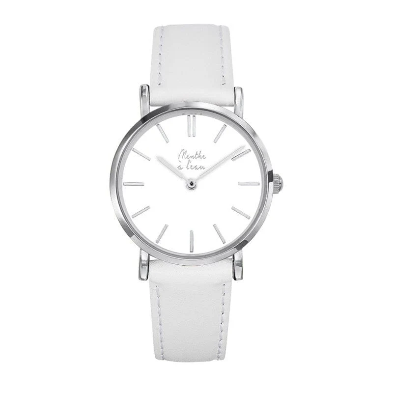 Montre La Véritable bracelet cuir blanc fond blanc chromé