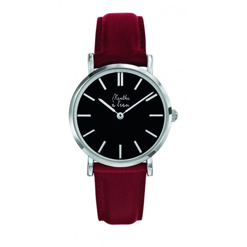 Montre La Véritable bracelet cuir bordeaux fond noir