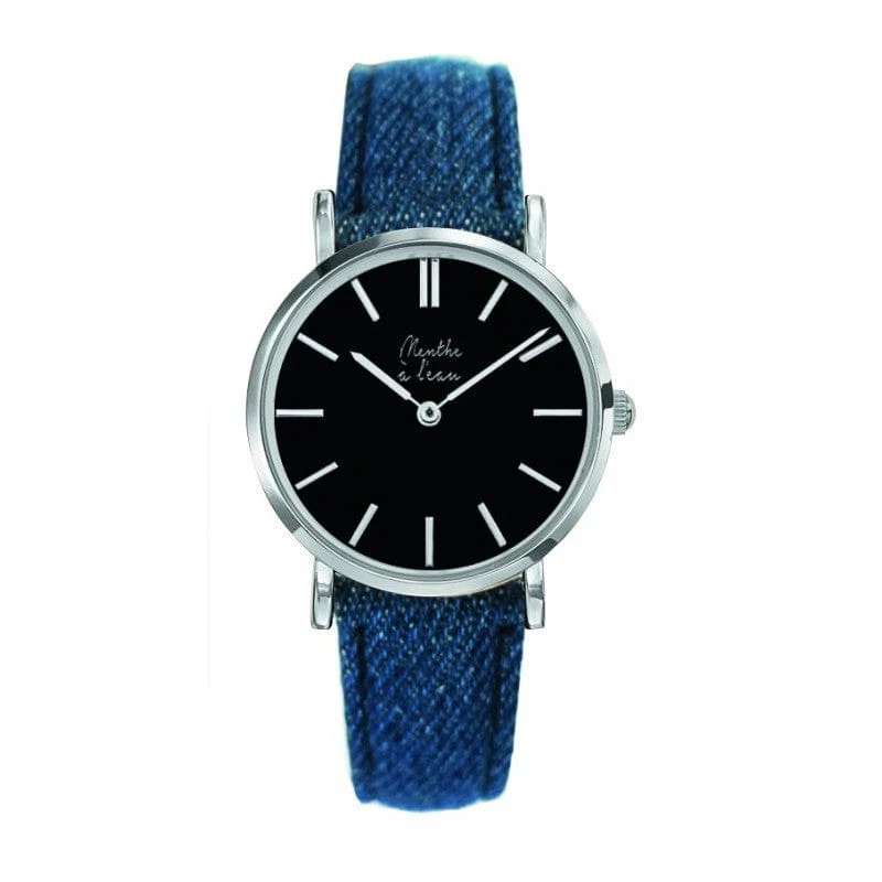 Montre La Véritable bracelet cuir jeans fond noir