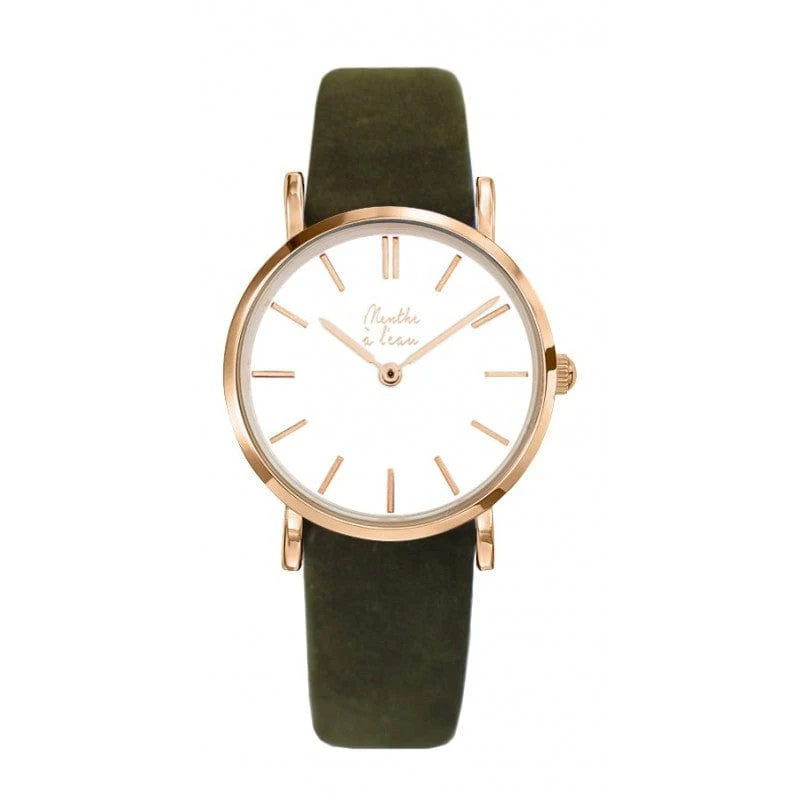 Montre La Véritable bracelet cuir kaki fond blanc boitier doré rose