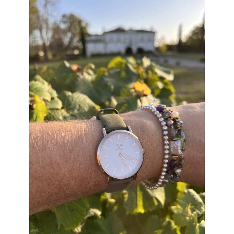 Montre La Véritable bracelet cuir kaki fond blanc boitier doré rose - Image 2
