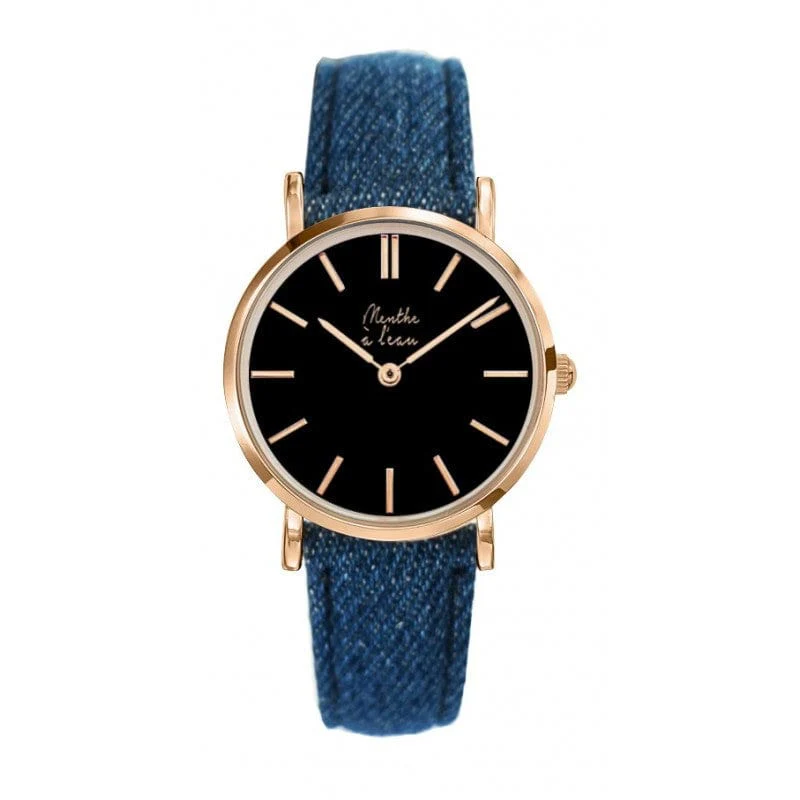 Montre La Véritable cuir jeans fond noir finition rose dorée