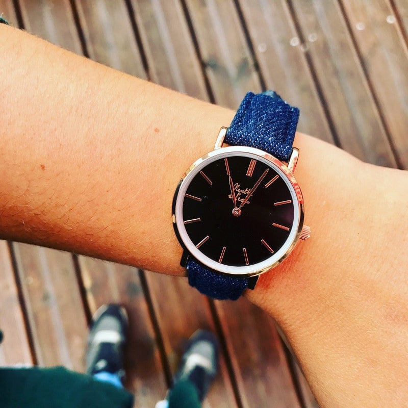 Montre La Véritable cuir jeans fond noir finition rose dorée - Image 2