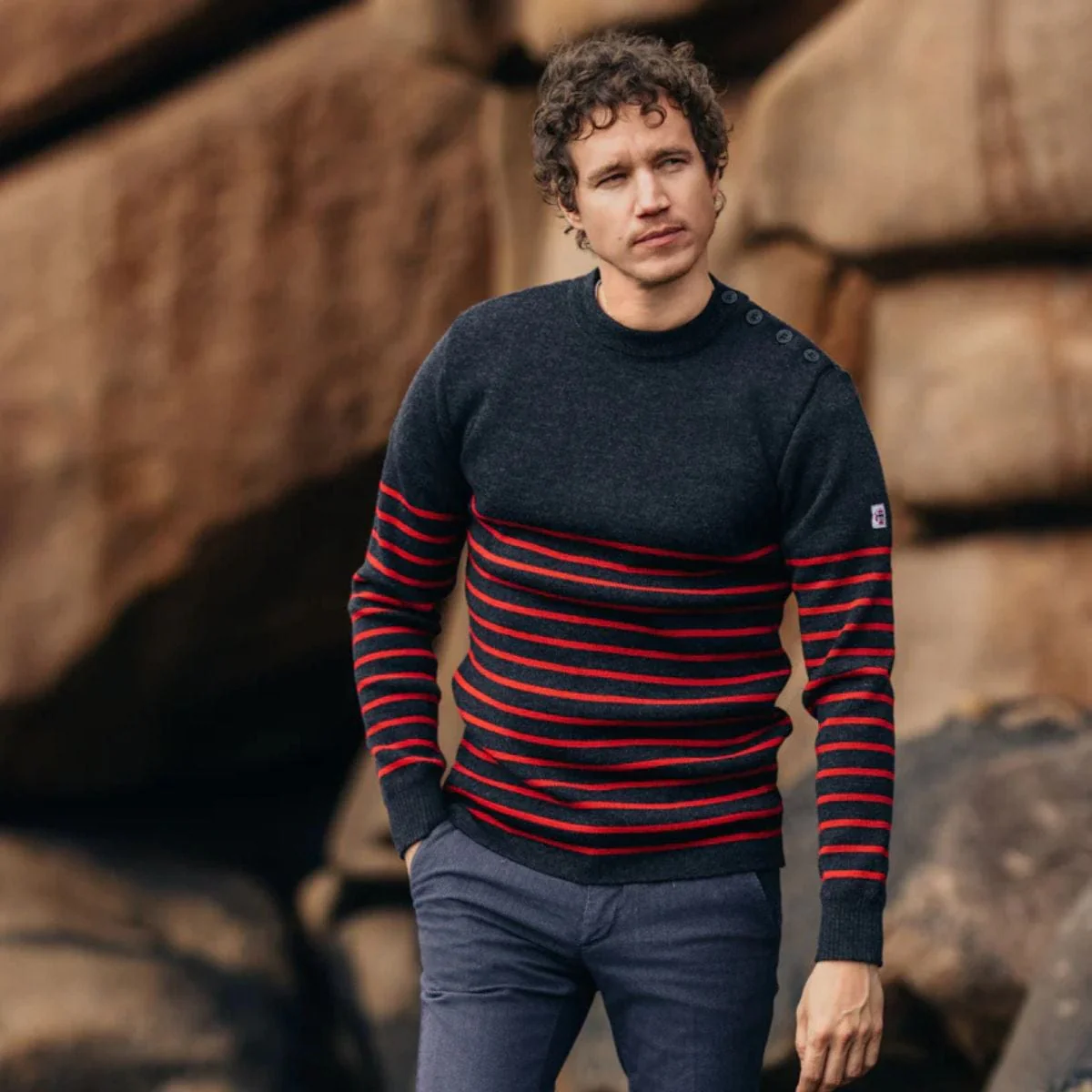 Pull marin rayé 100% laine. Anthracite Rouge