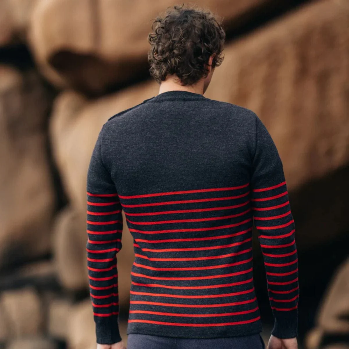 Pull marin rayé 100% laine. Anthracite Rouge - Image 2
