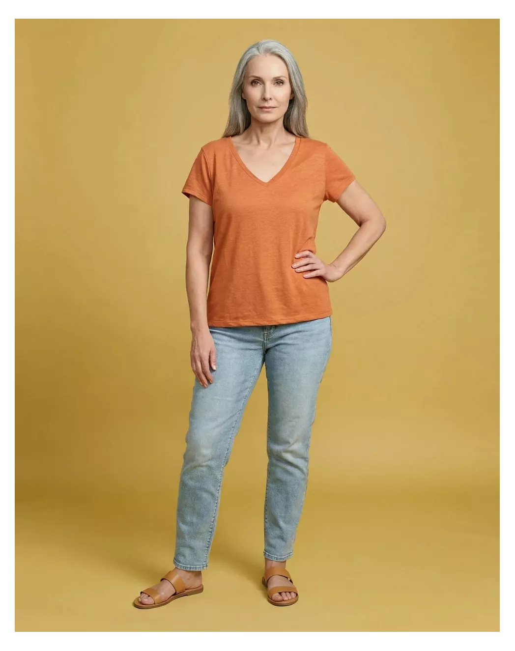 T-shirt en lin Col V orange mandarine - Image 4