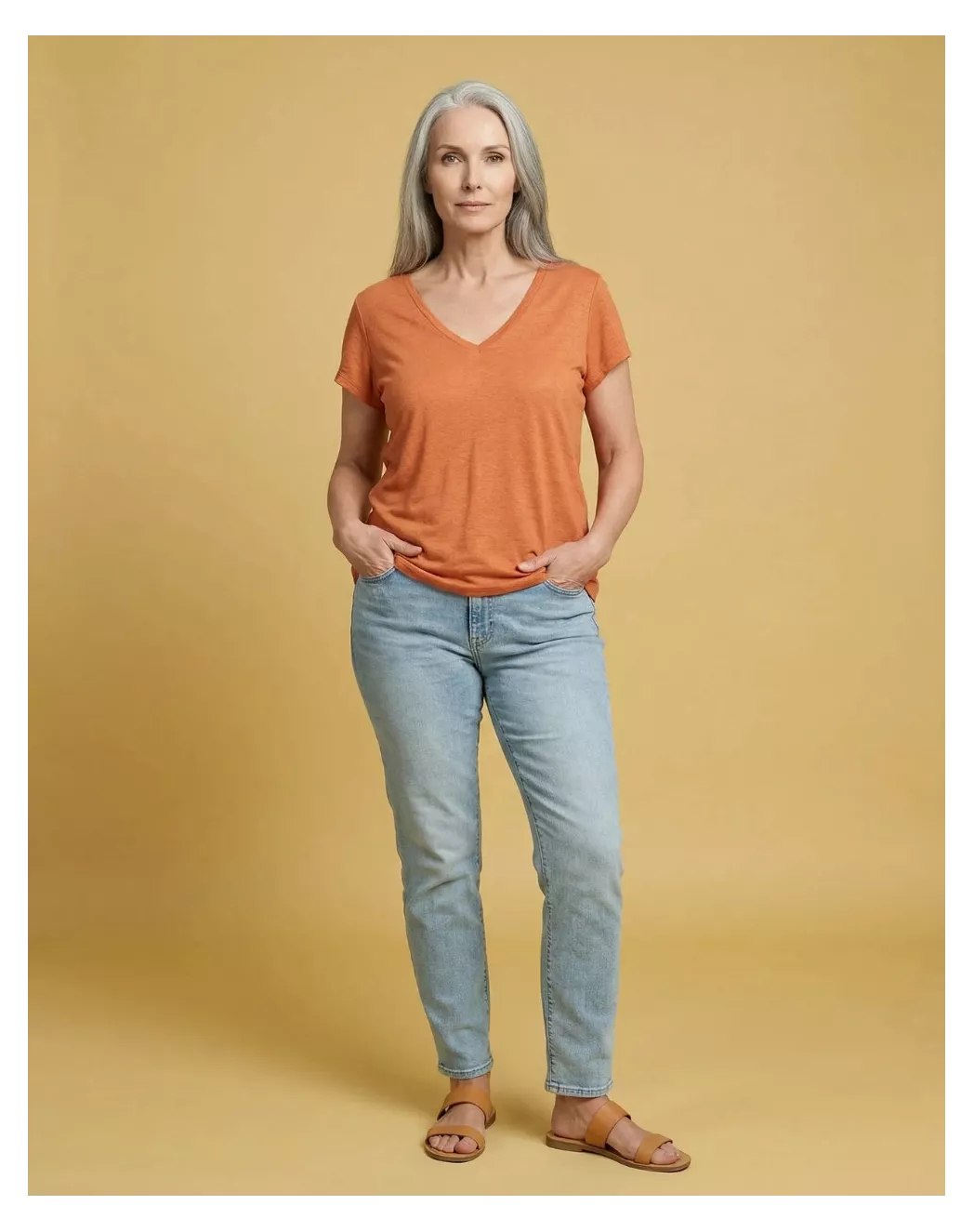 T-shirt en lin Col V orange mandarine - Image 5