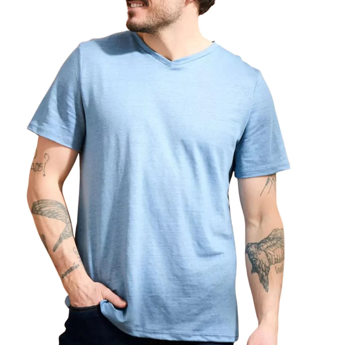 T-shirt en lin homme Col V Bleu ciel - Image 5