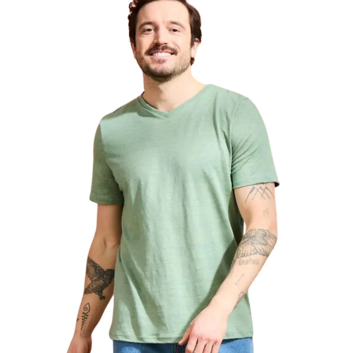 T-shirt en lin homme Col V Vert - Image 3