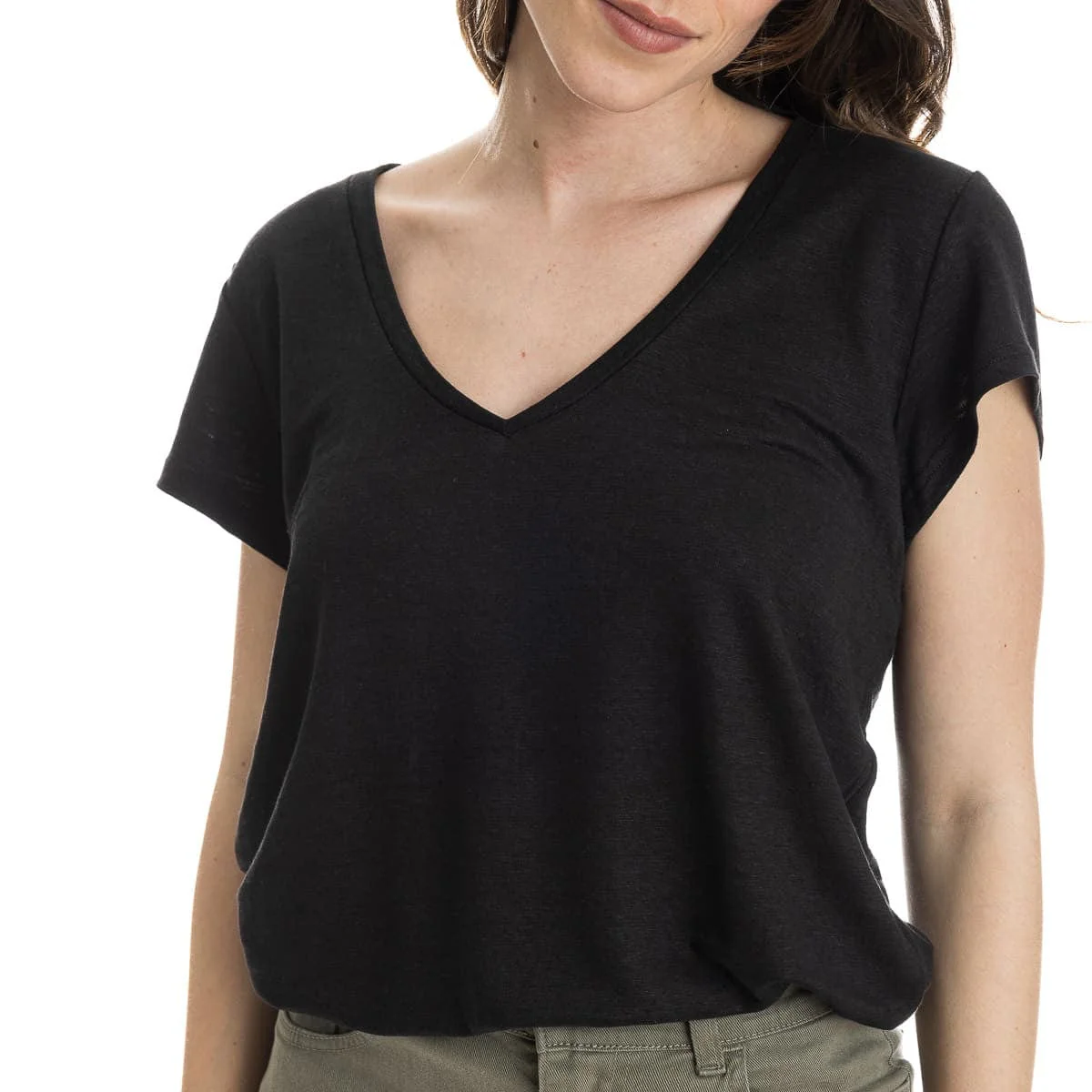 T-shirt lin femme col V Noir - Image 3