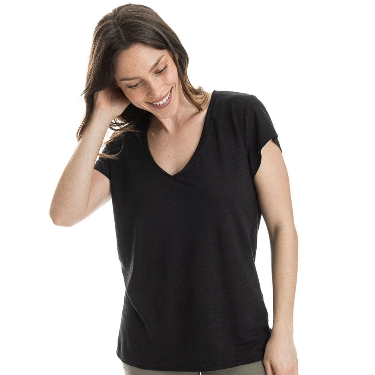 T-shirt lin femme col V Noir - Image 5